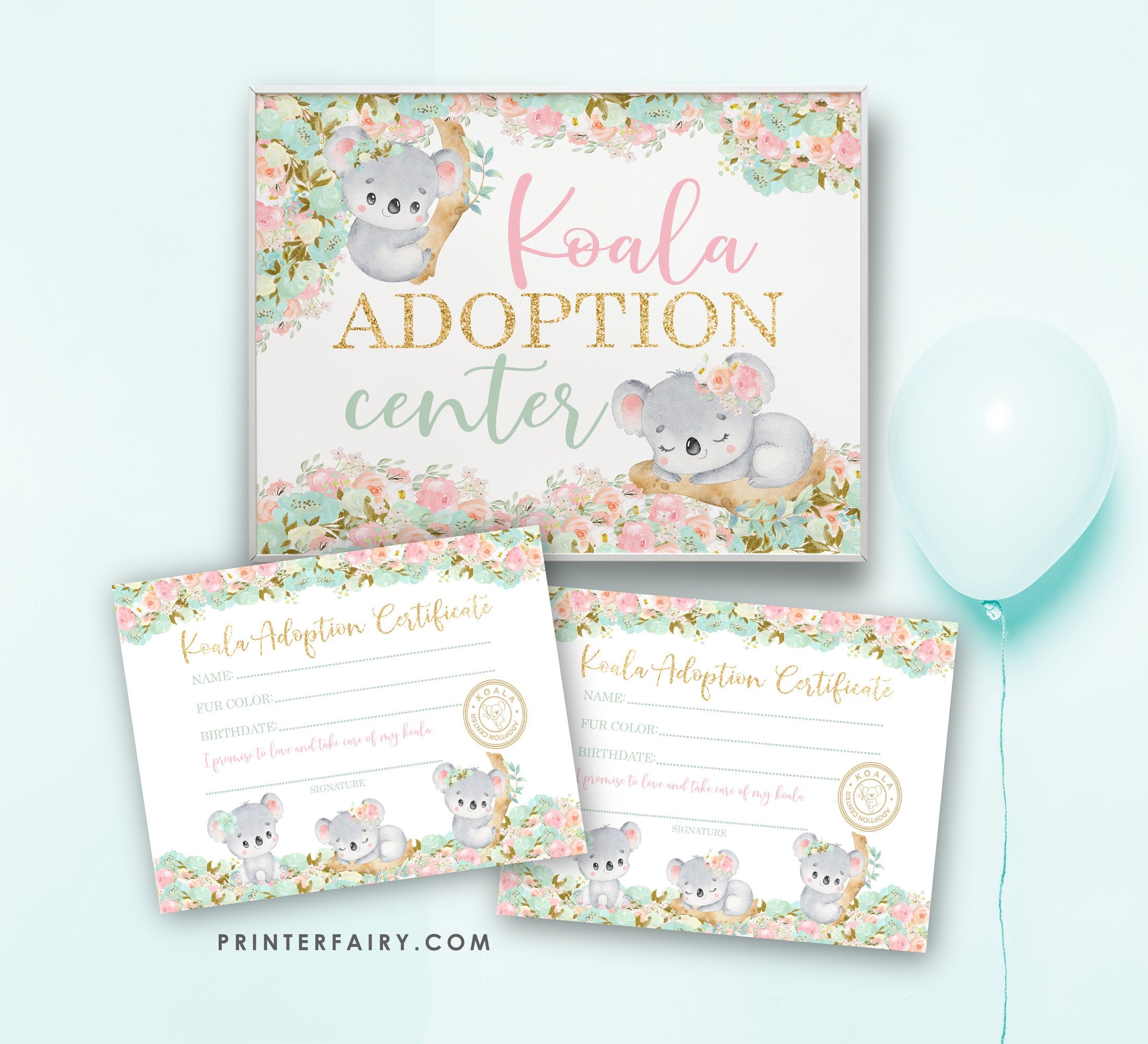 Koala Adoption Certificate & Sign, Birthday Party Decor (Digital Download)