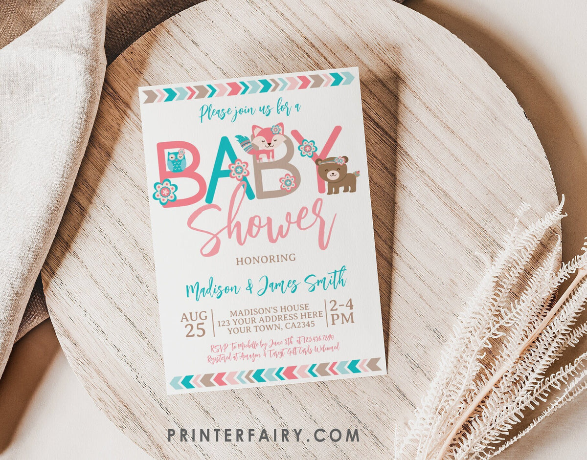 Woodland Girl Baby Shower Invitation, Editable Tribal Design (Digital Download)
