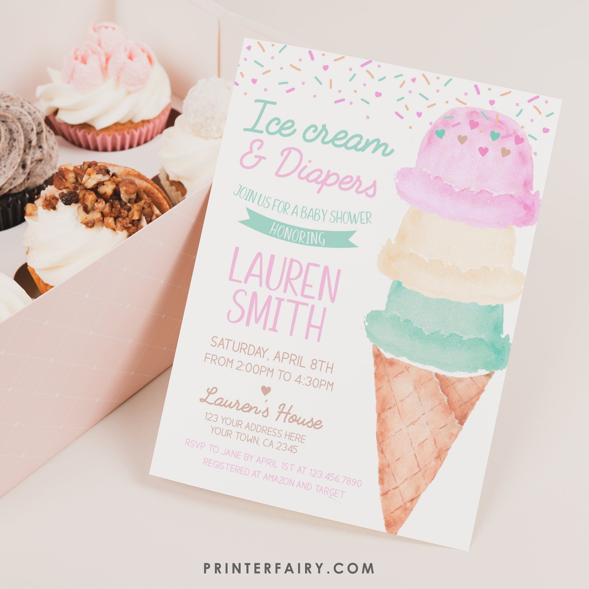 Ice Cream Baby Shower Invitation Editable Template, Instant Download