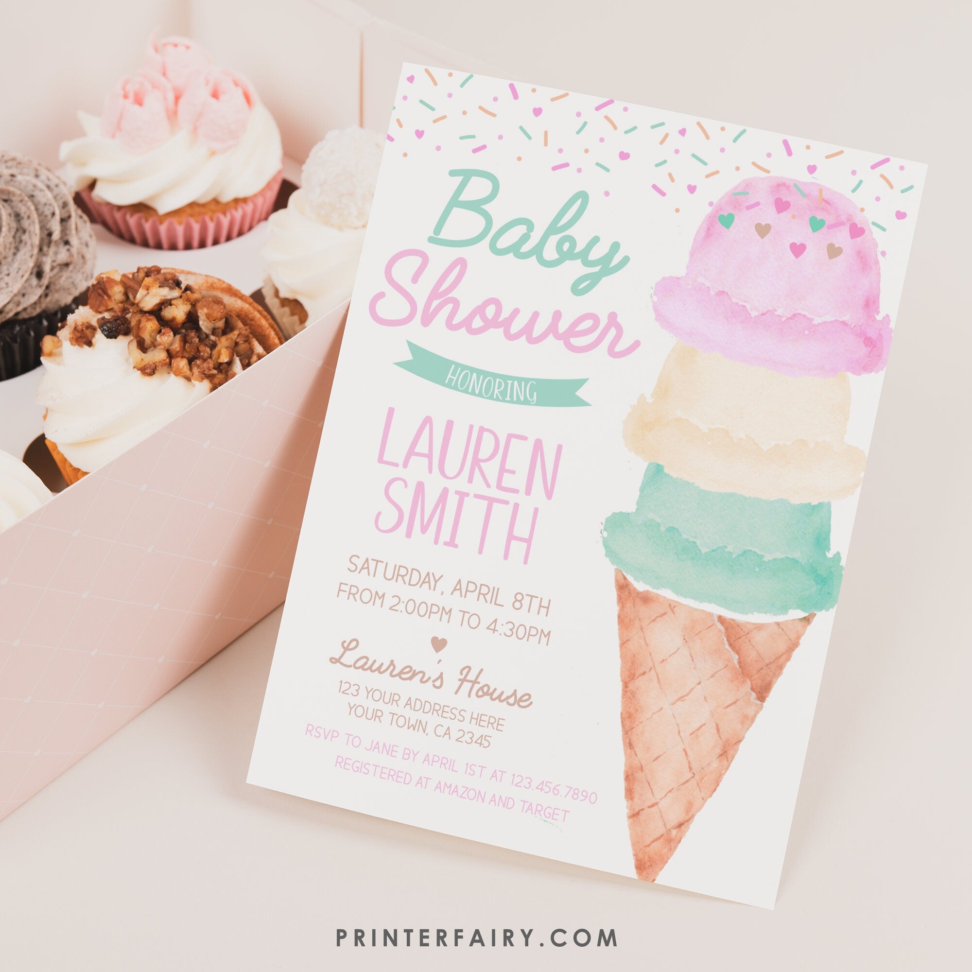 Ice Cream Baby Shower Invitation Editable Template (Digital Instant Download)