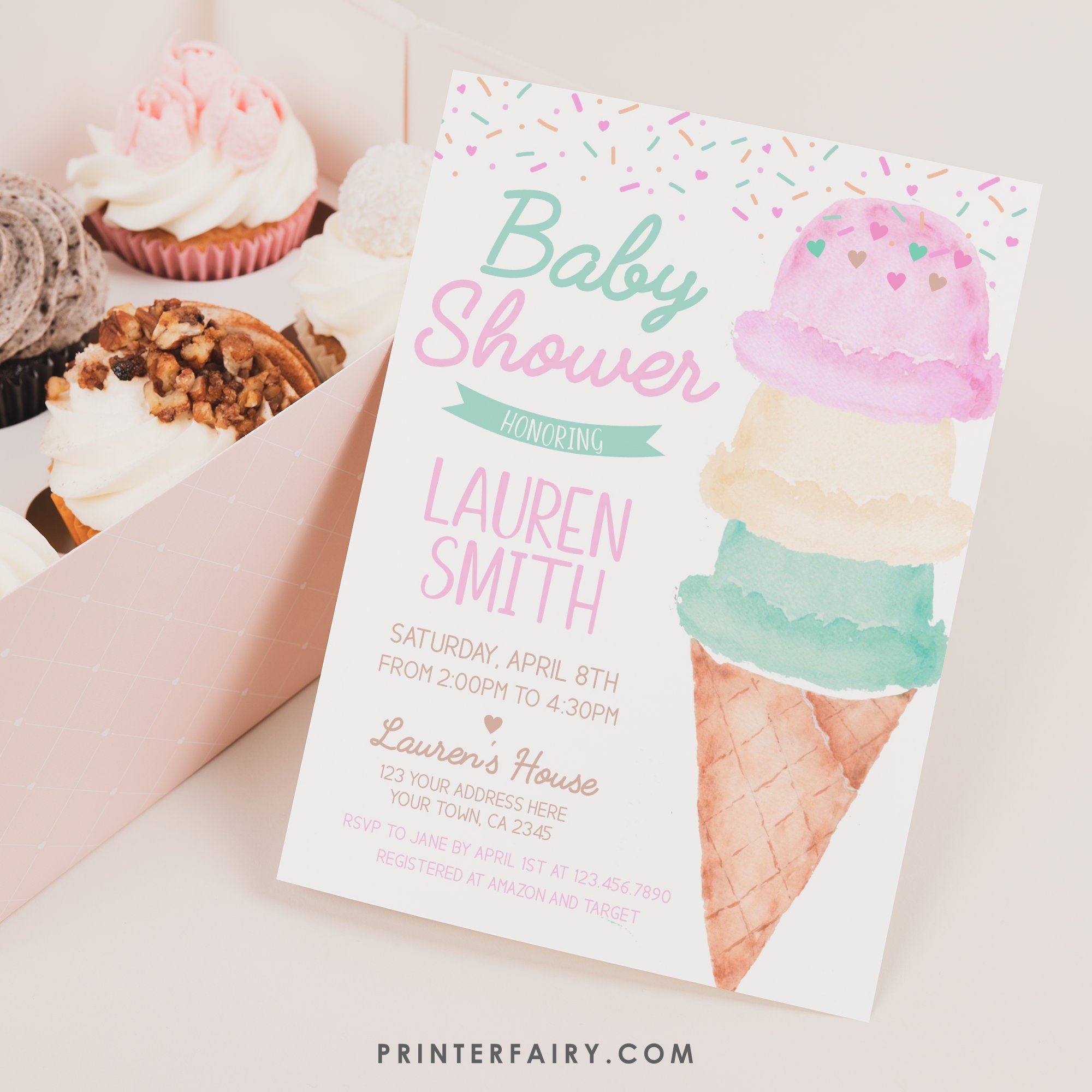 Ice Cream Baby Shower Invitation Editable Template (Digital Instant Download)