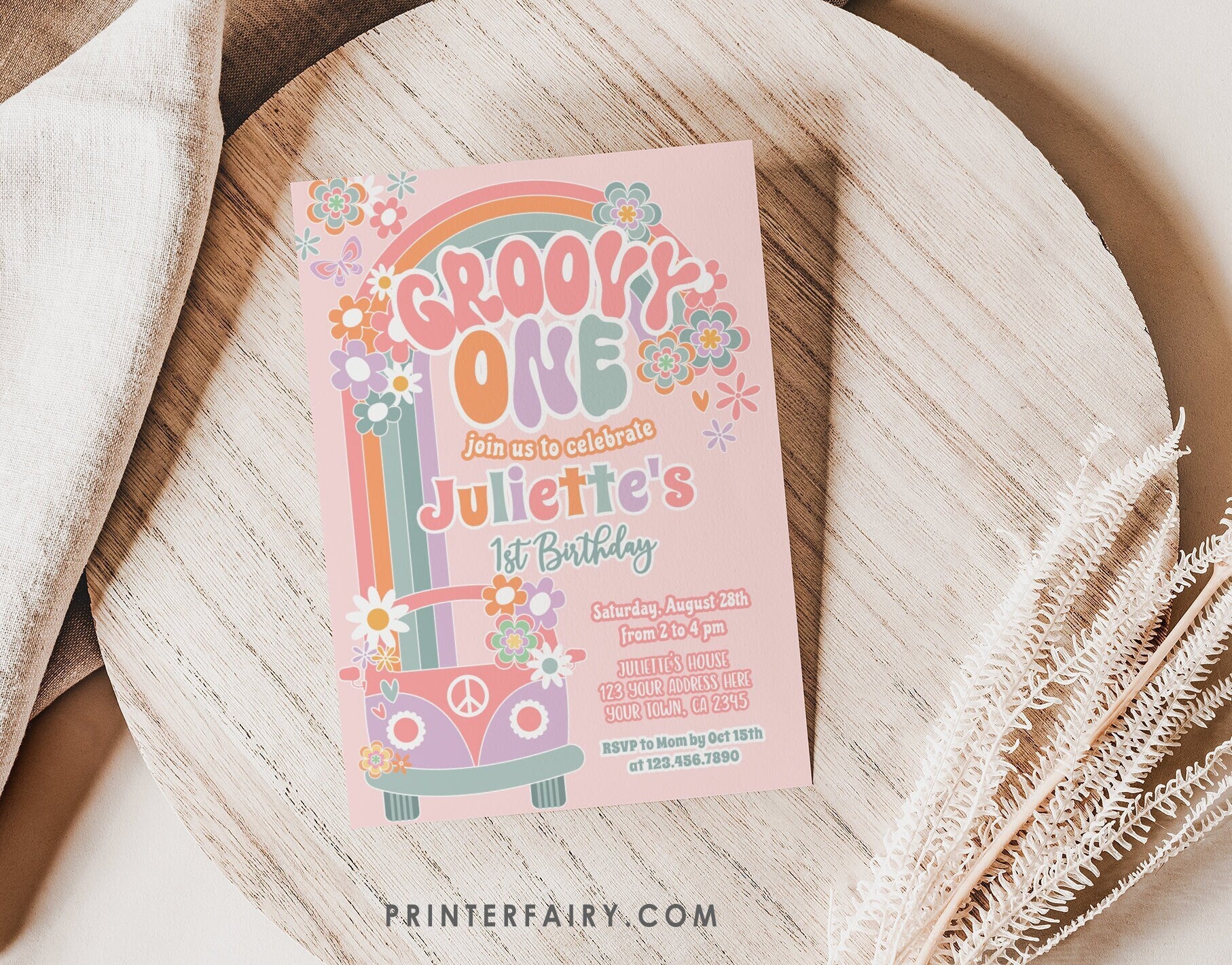 Editable Groovy One Birthday Invitation: 70s Floral Pastel Daisy Template (Digital Download)