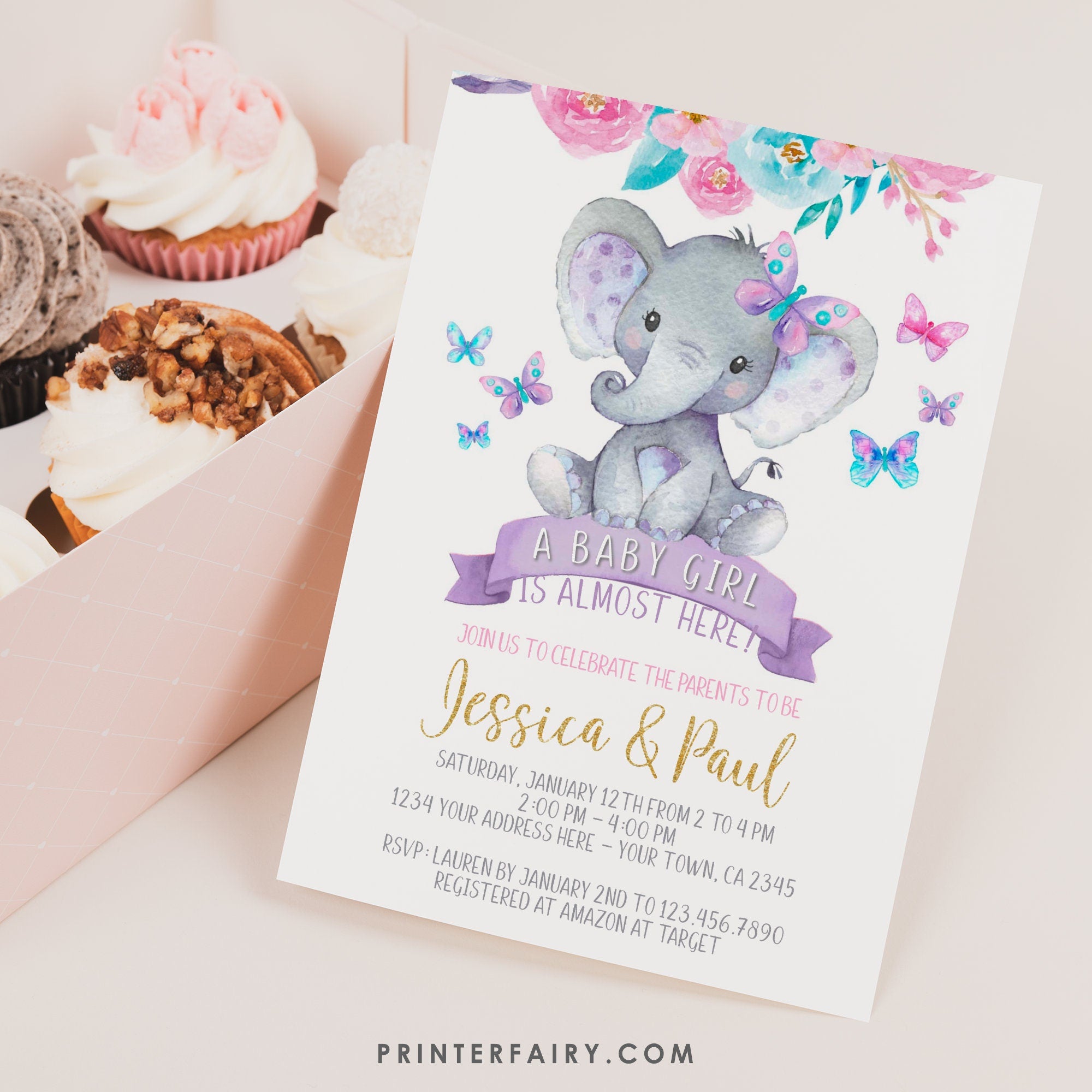 Floral Elephant Baby Shower Invitation, Girl Jungle Safari, Editable Digital Invite