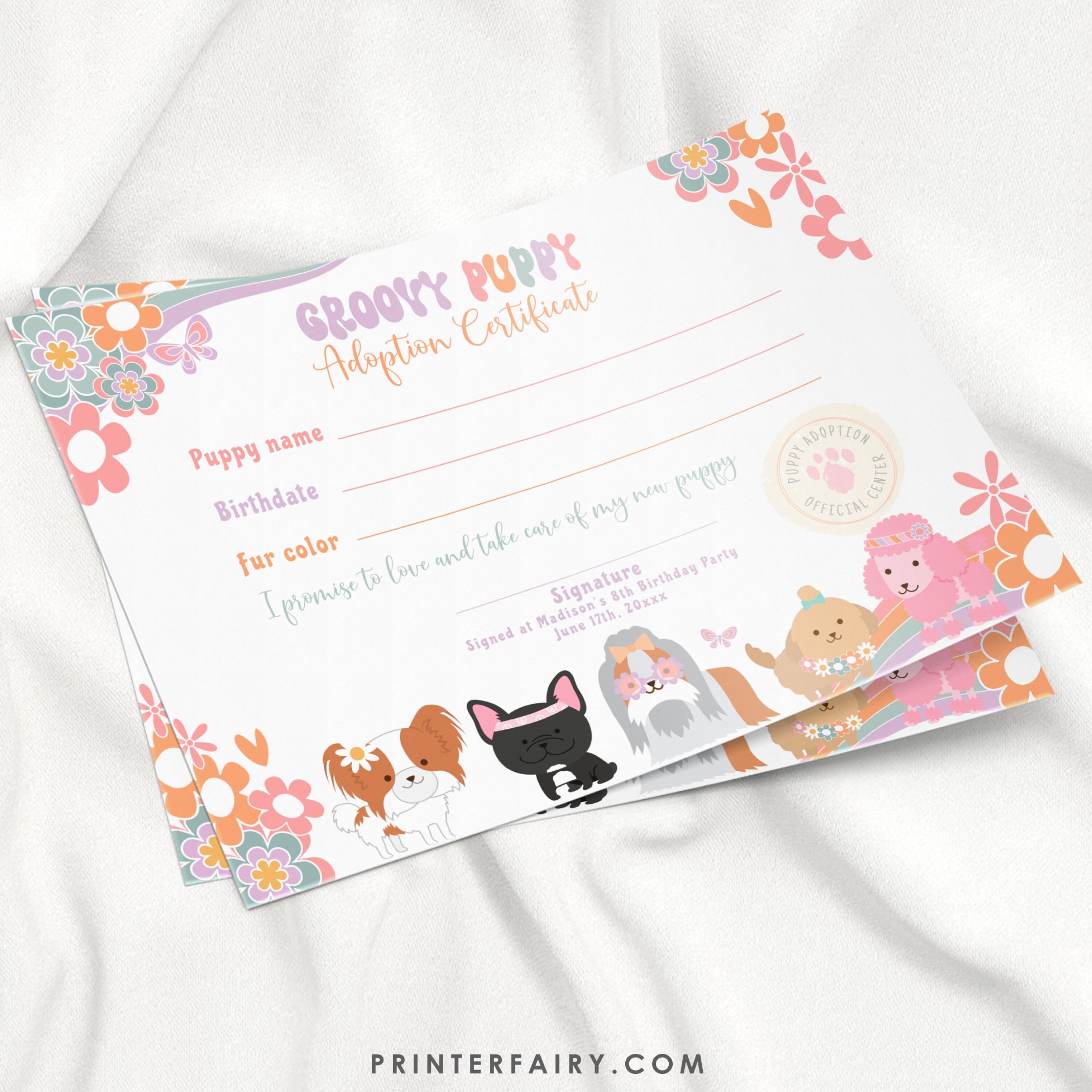 Groovy Puppy Adoption Station Sign and Certificate (Digital Download)