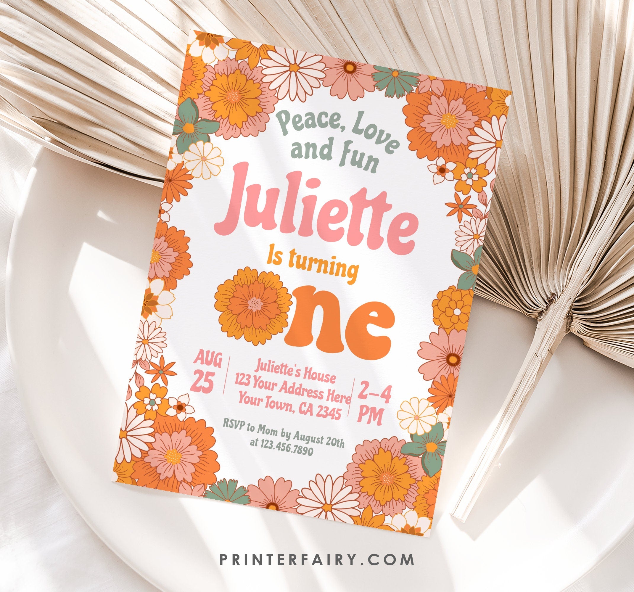 Groovy One Birthday Invitation, Retro Floral (INSTANT DOWNLOAD)