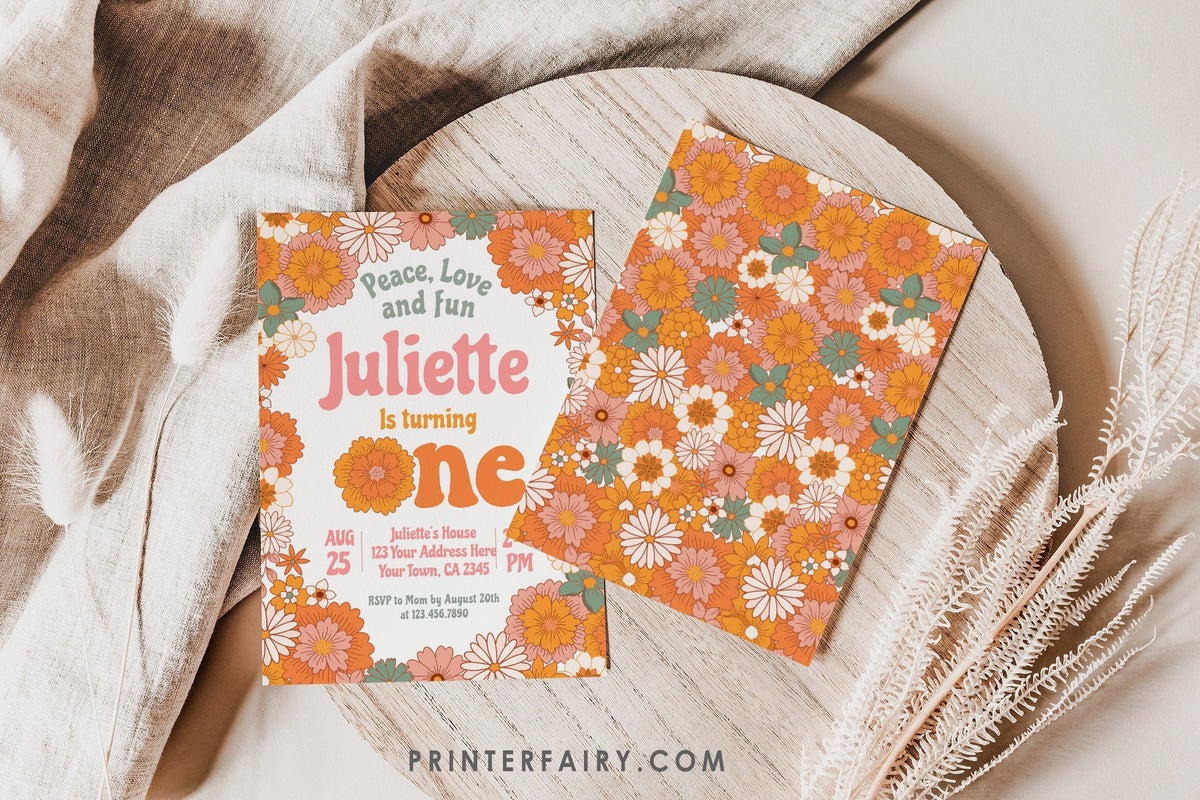 Groovy One Birthday Invitation, Retro Floral (INSTANT DOWNLOAD)