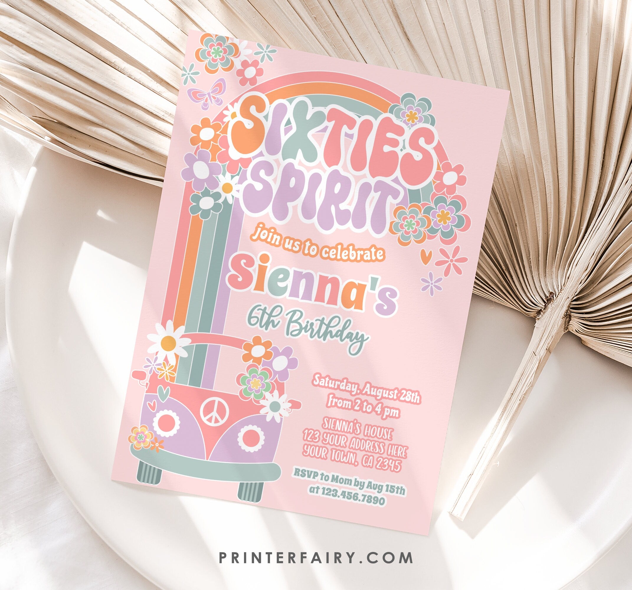 Groovy 6th Birthday Invitation, Sixties Rainbow Party (Digital Download)