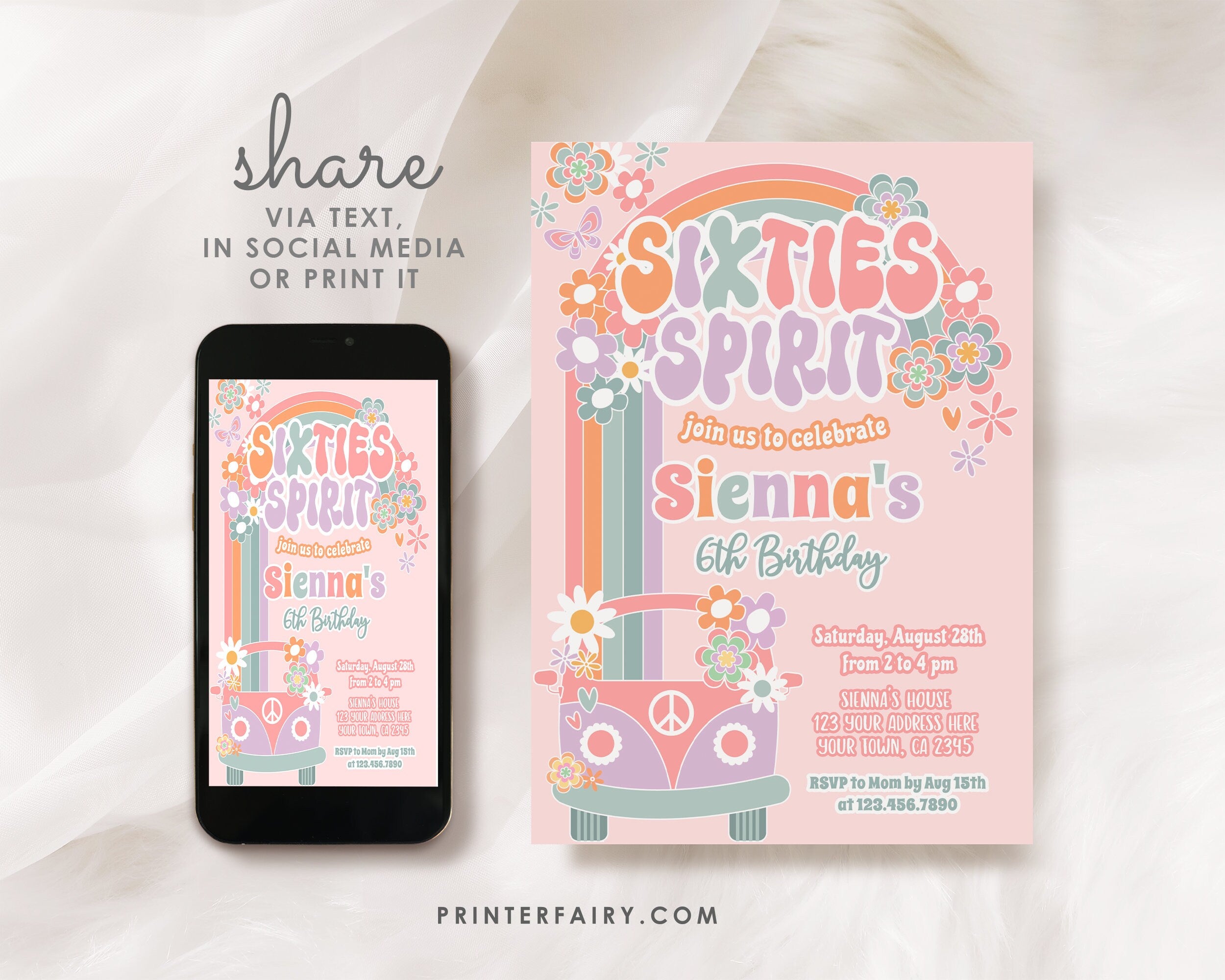 Groovy 6th Birthday Invitation, Sixties Rainbow Party (Digital Download)