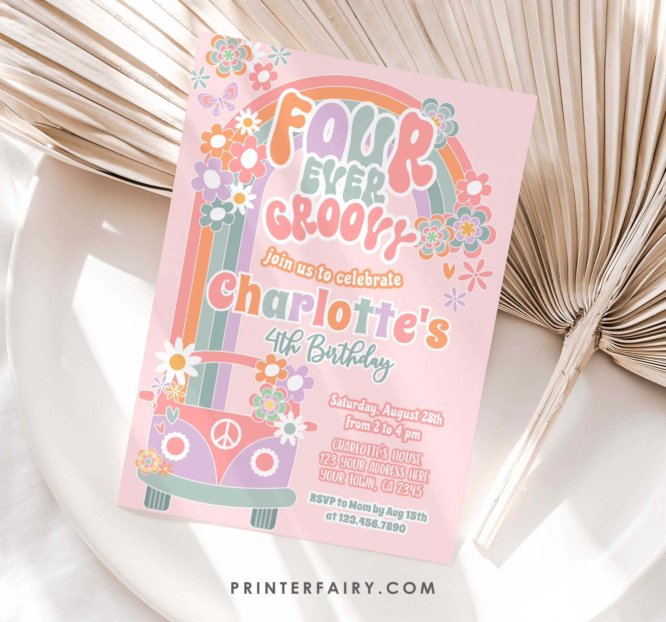 Groovy 3rd Birthday Invitation Editable Template, Daisy Rainbow Party (Digital Instant Download)