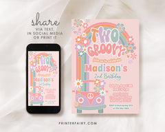 Two Groovy Birthday Invitation, Floral Daisy 70s Theme (Digital Download)