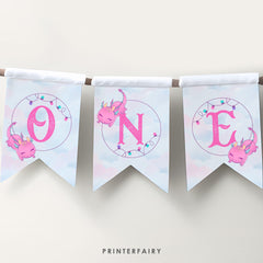 Dragon First Birthday Banner, Girl Party Decorations (Printable Digital Download)