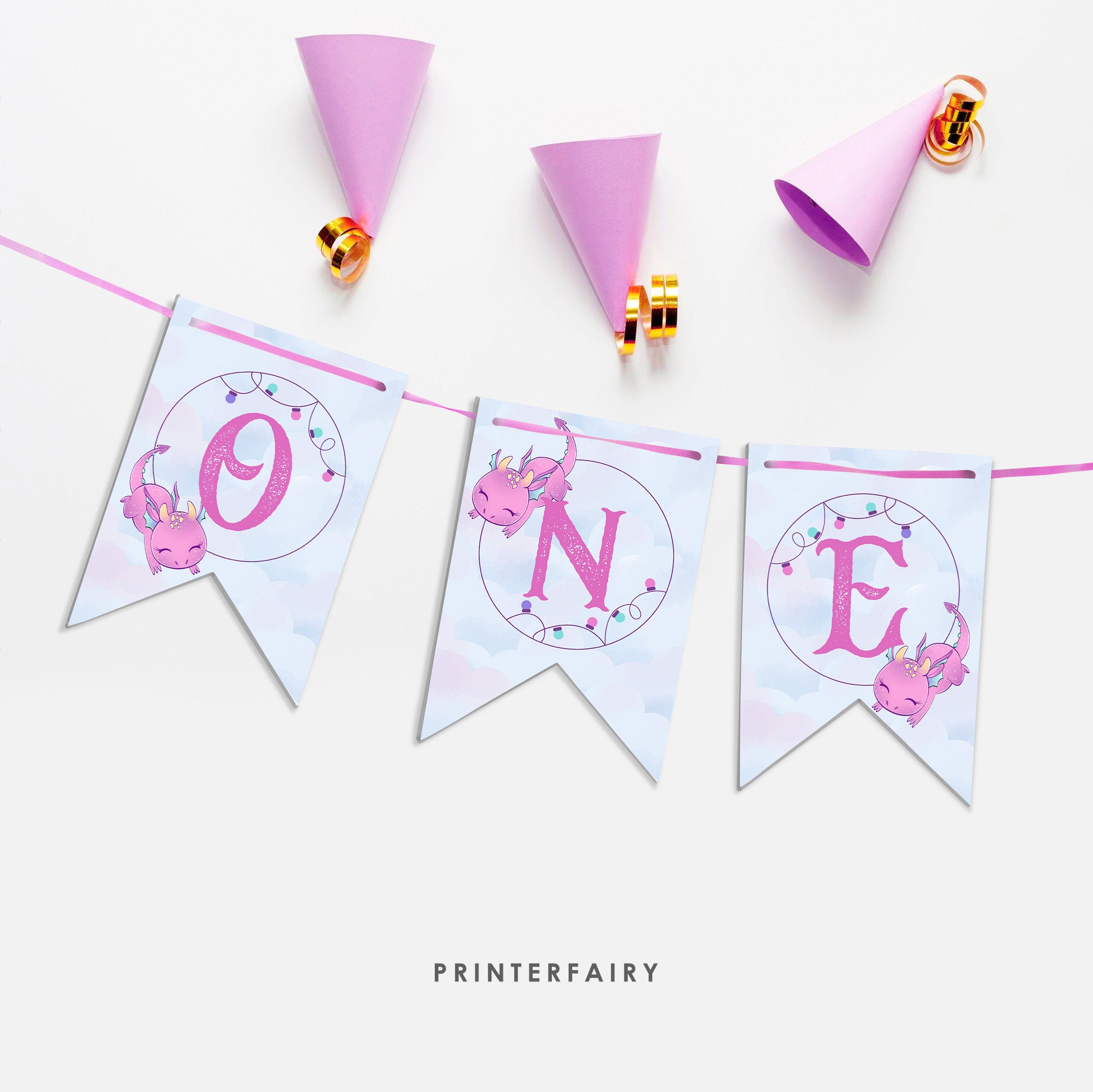 Dragon First Birthday Banner, Girl Party Decorations (Printable Digital Download)