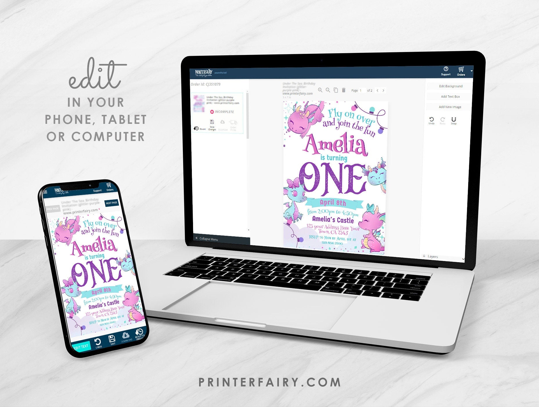Girl Dragon 1st Birthday Invitation, Pink, Editable (Instant Download)