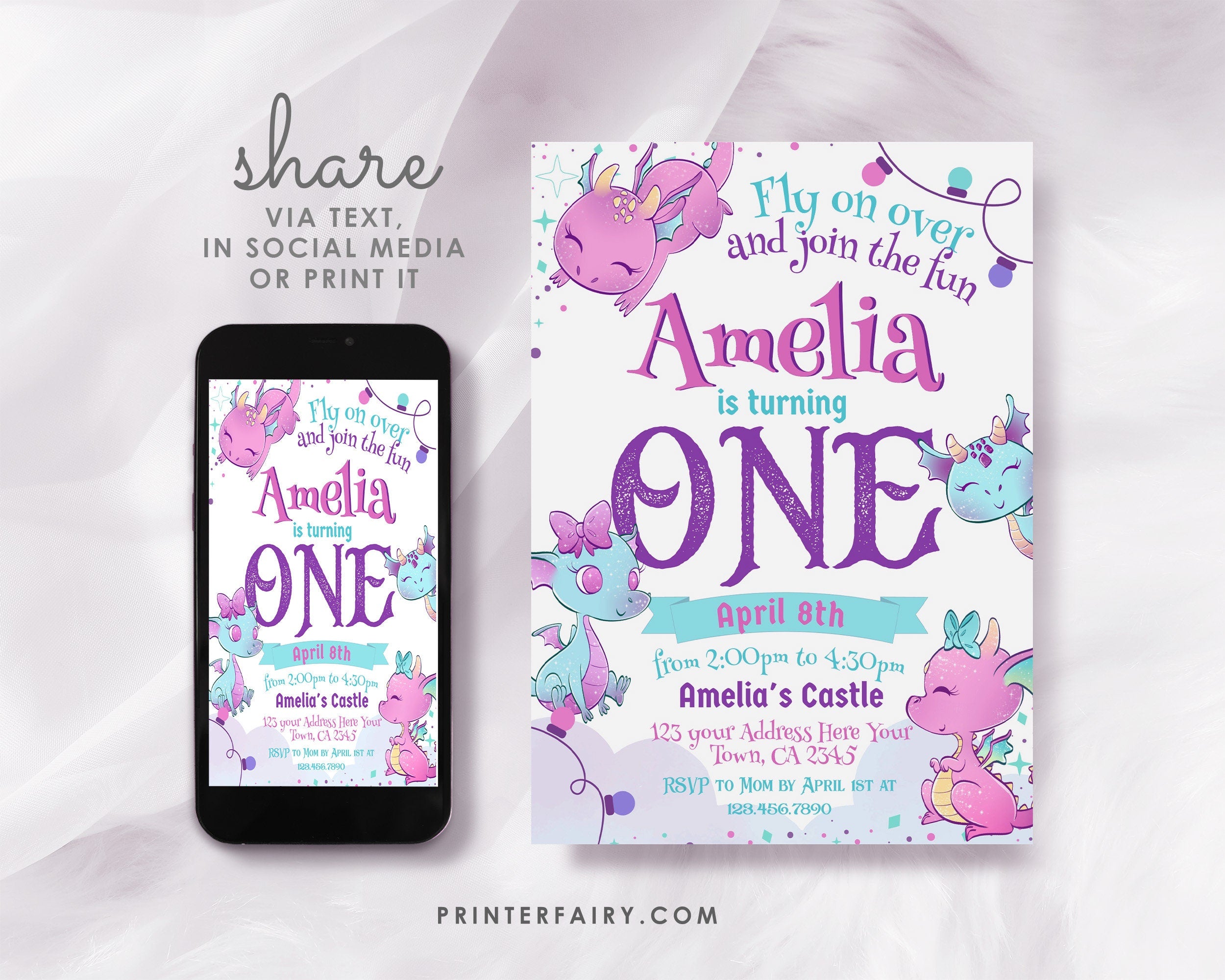 Girl Dragon 1st Birthday Invitation, Pink, Editable (Instant Download)