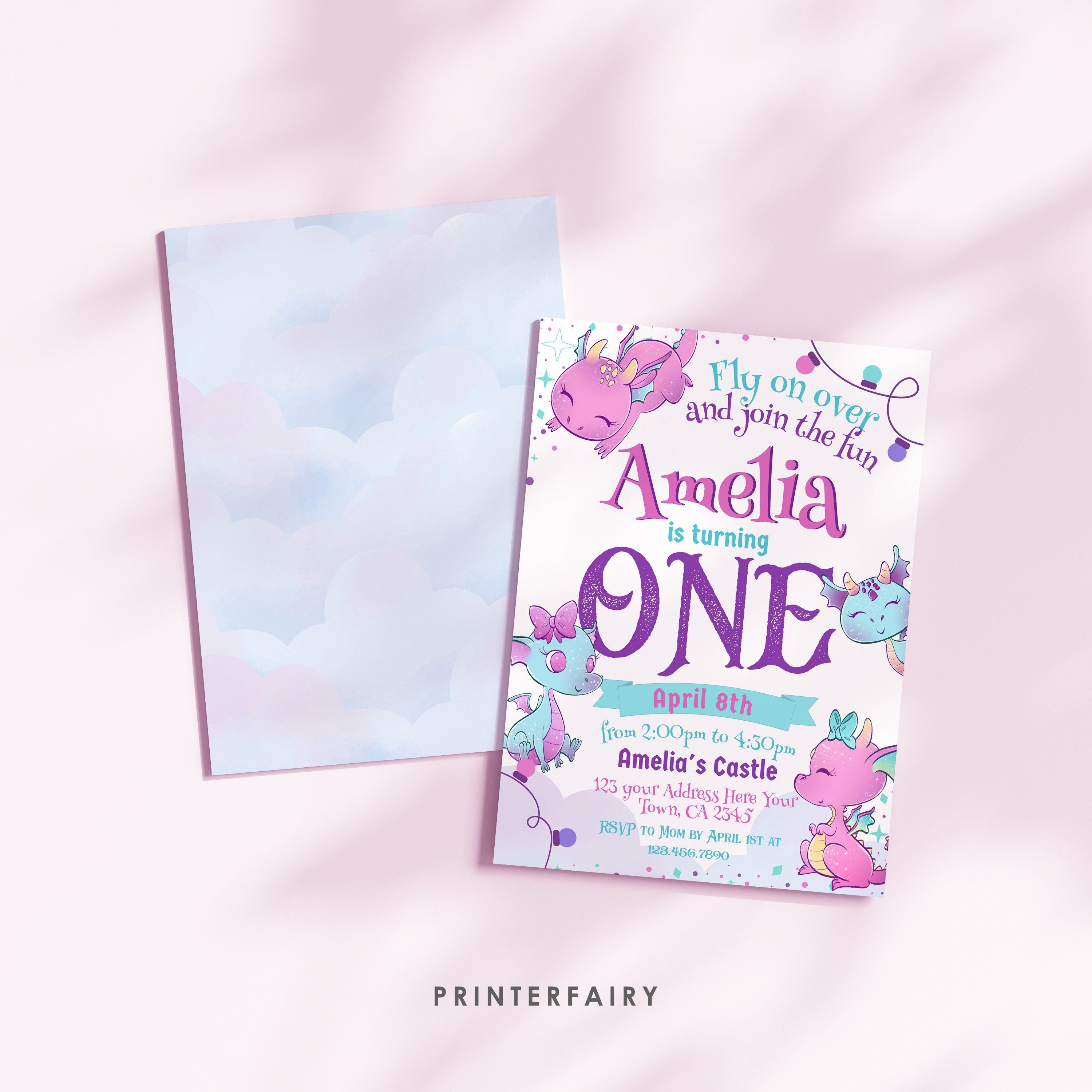 Girl Dragon 1st Birthday Invitation, Pink, Editable (Instant Download)