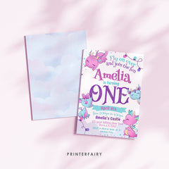 Girl Dragon 1st Birthday Invitation, Pink, Editable (Instant Download)