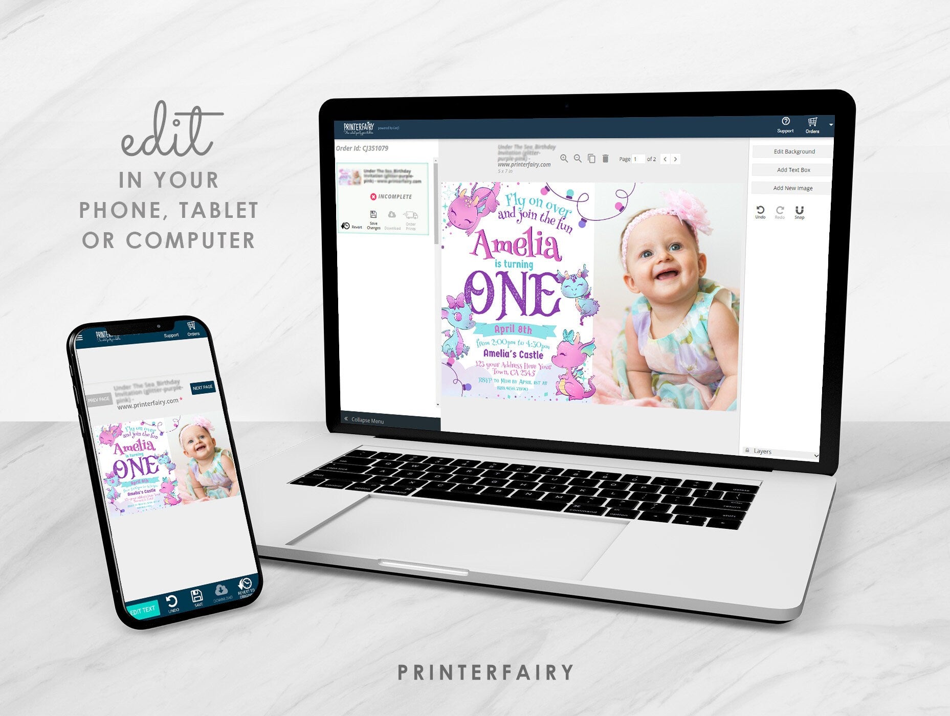 Dragon First Birthday Invitation with Photo, Editable Template (Digital Download)