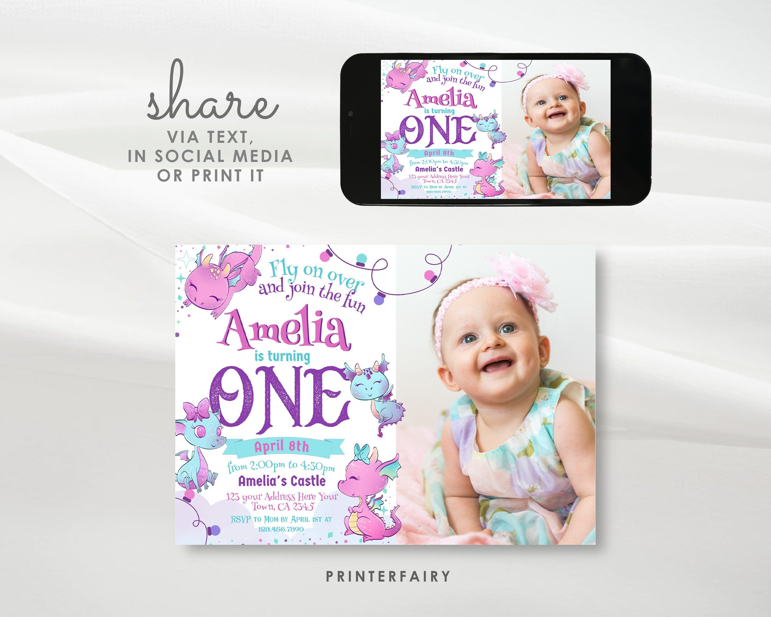 Dragon First Birthday Invitation with Photo, Editable Template (Digital Download)