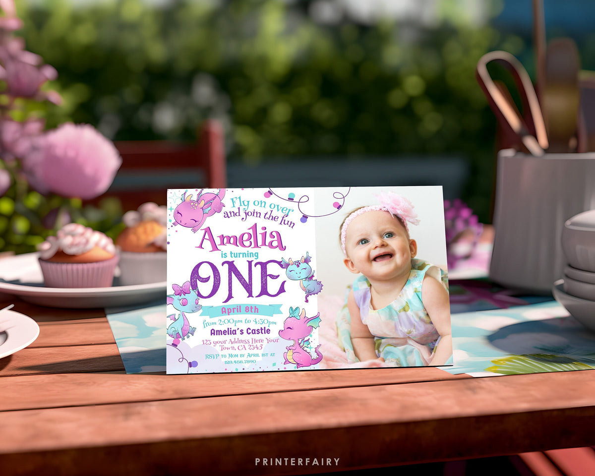Dragon First Birthday Invitation with Photo, Editable Template (Digital Download)