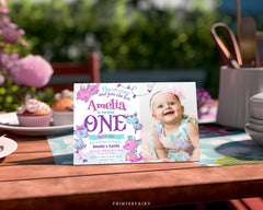 Dragon First Birthday Invitation with Photo, Editable Template (Digital Download)