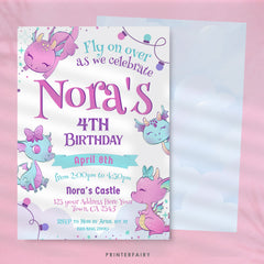 Pink Dragon Birthday Party Invitation, Editable Template (Digital Download)