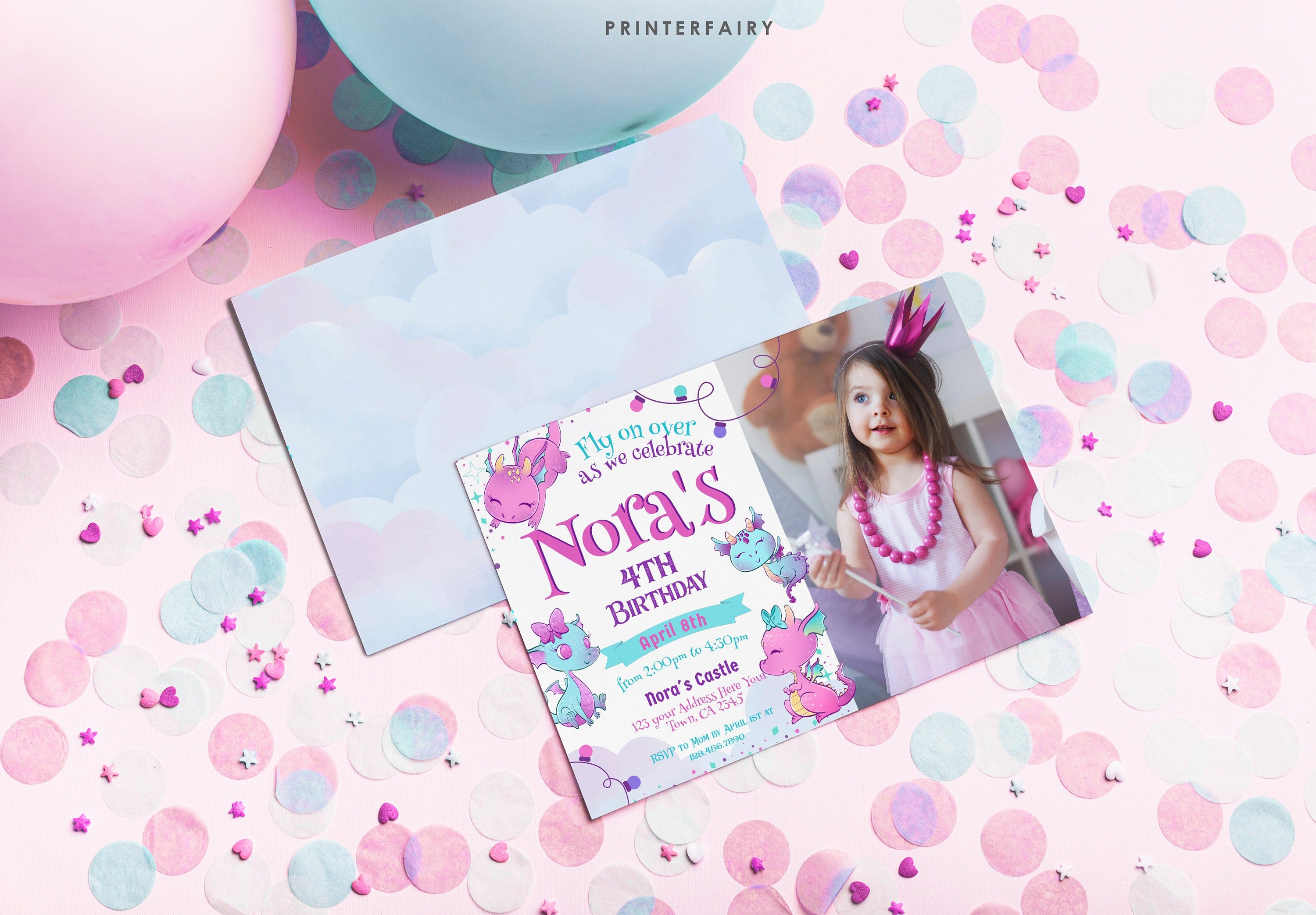 Dragon Birthday Invitation with Photo, Girl Party Invites (Editable, Printable Template)