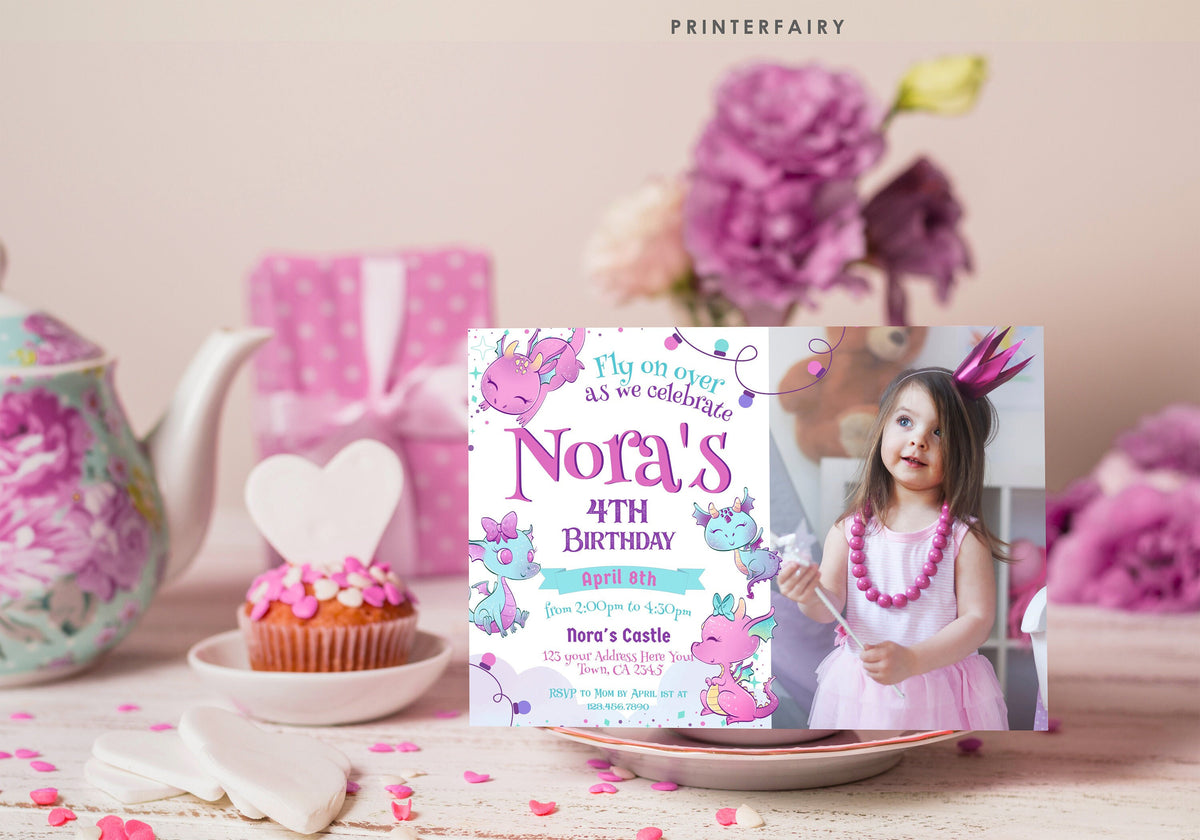 Dragon Birthday Invitation with Photo, Girl Party Invites (Editable, Printable Template)