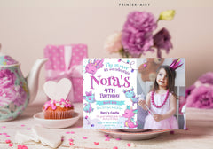 Dragon Birthday Invitation with Photo, Girl Party Invites (Editable, Printable Template)