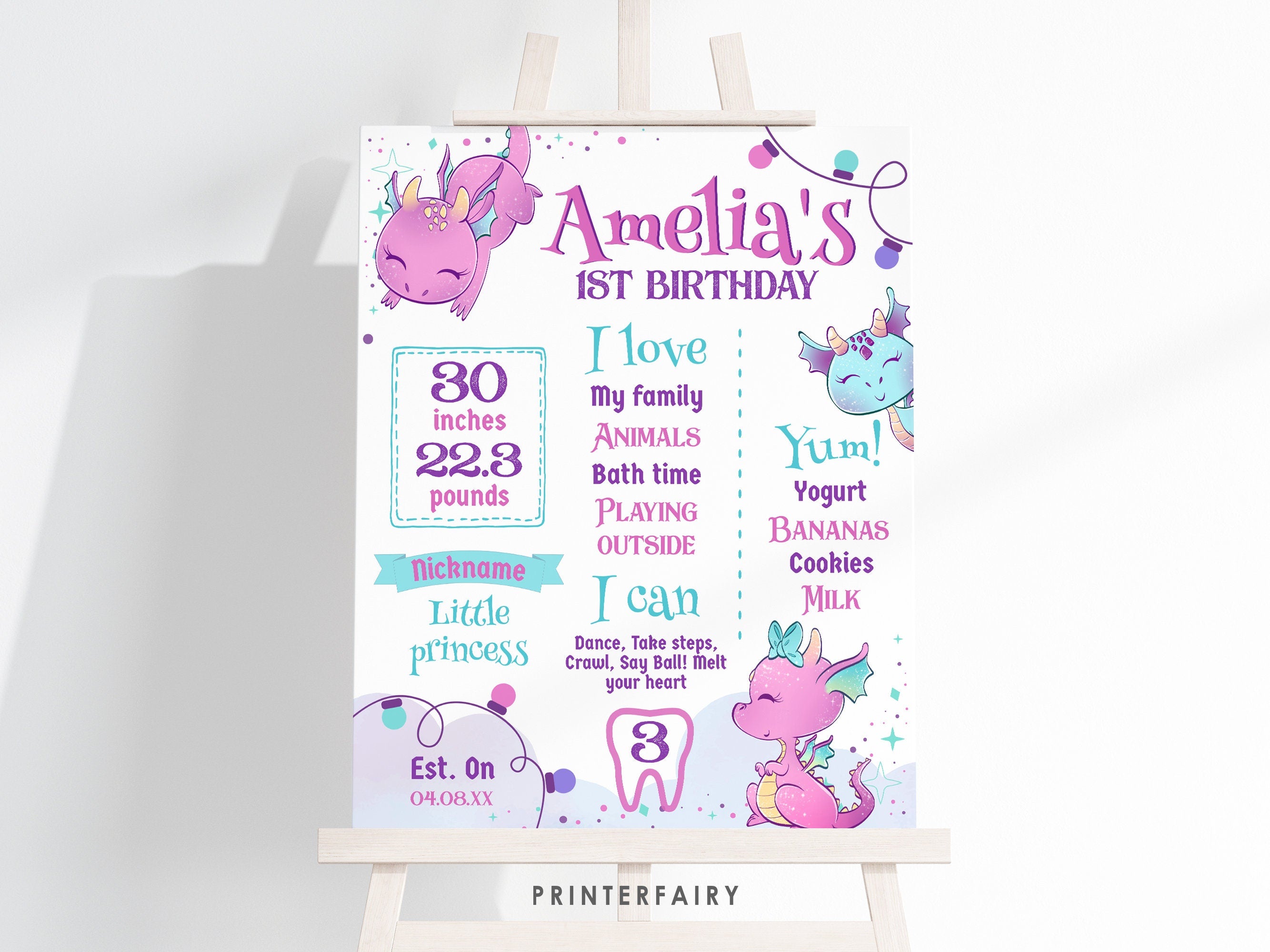 Girl Dragon 1st Birthday Stats Board, Printable Party Decor (Digital Download)