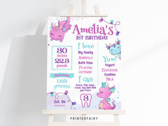 Girl Dragon 1st Birthday Stats Board, Printable Party Decor (Digital Download)