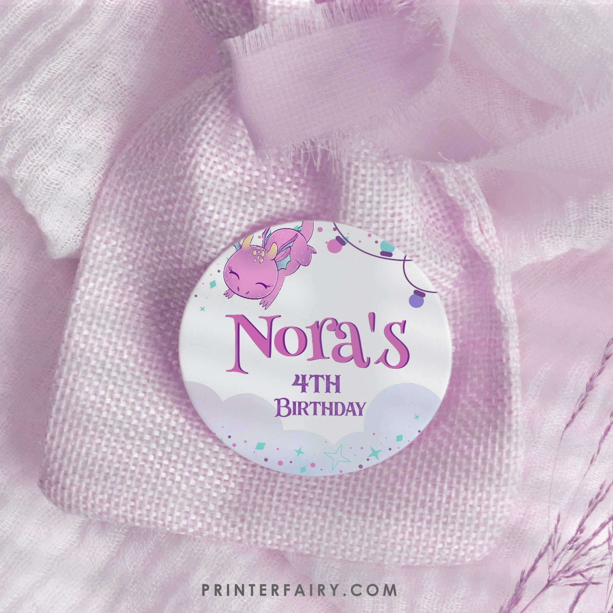 Girl Dragon Birthday Party Toppers, Printable Round Labels (Instant Download)