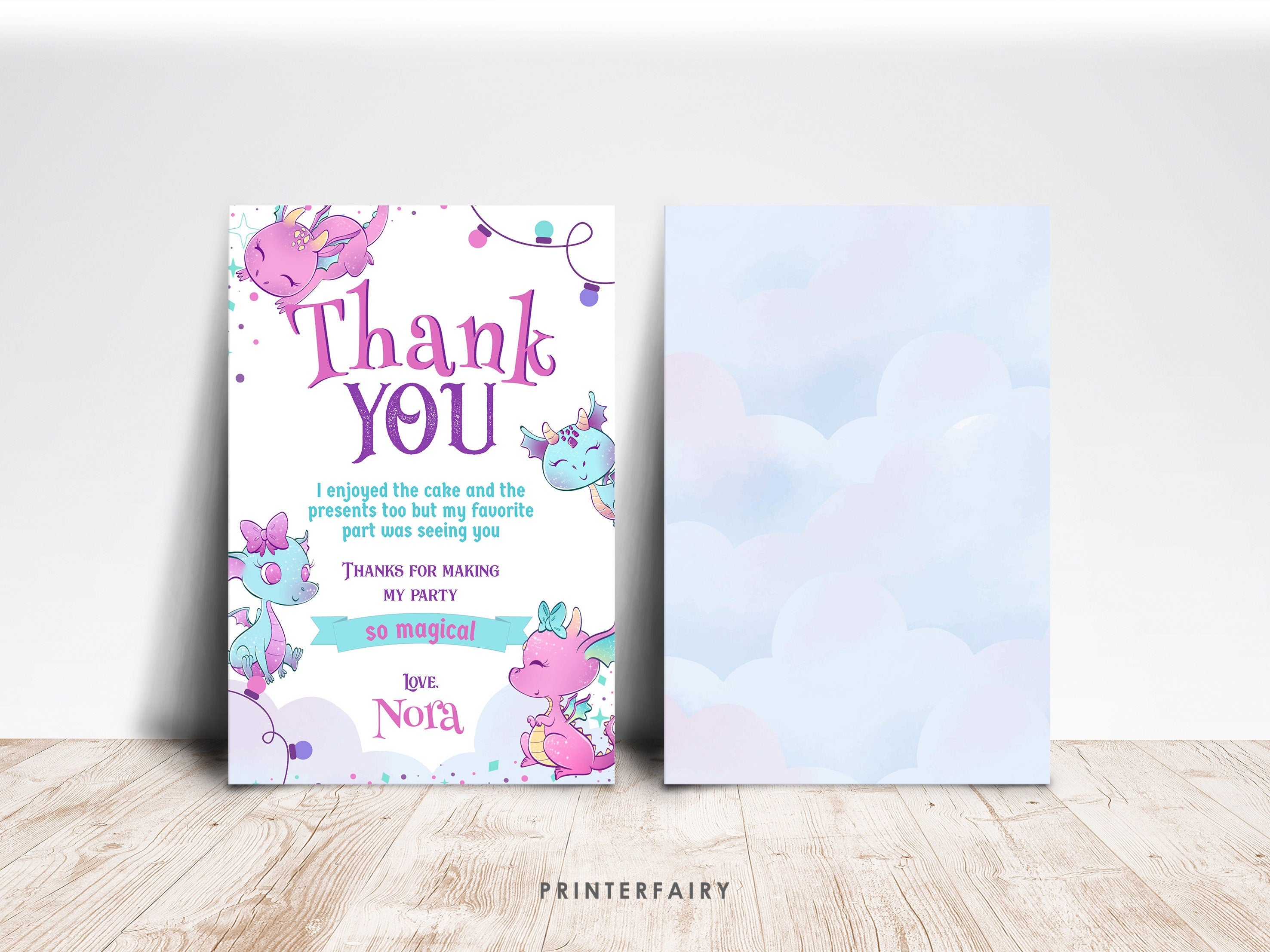 Dragon Birthday Thank You Card, Girl Party (Printable Template)