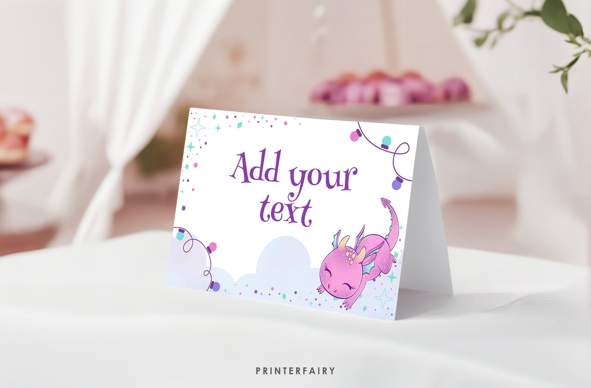 Girl Dragon Birthday Party Food Tents, Printable Table Signs (Digital Download)
