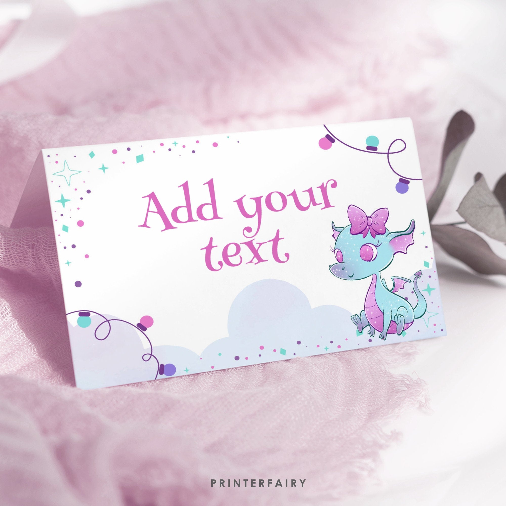 Girl Dragon Birthday Party Food Tents, Printable Table Signs (Digital Download)