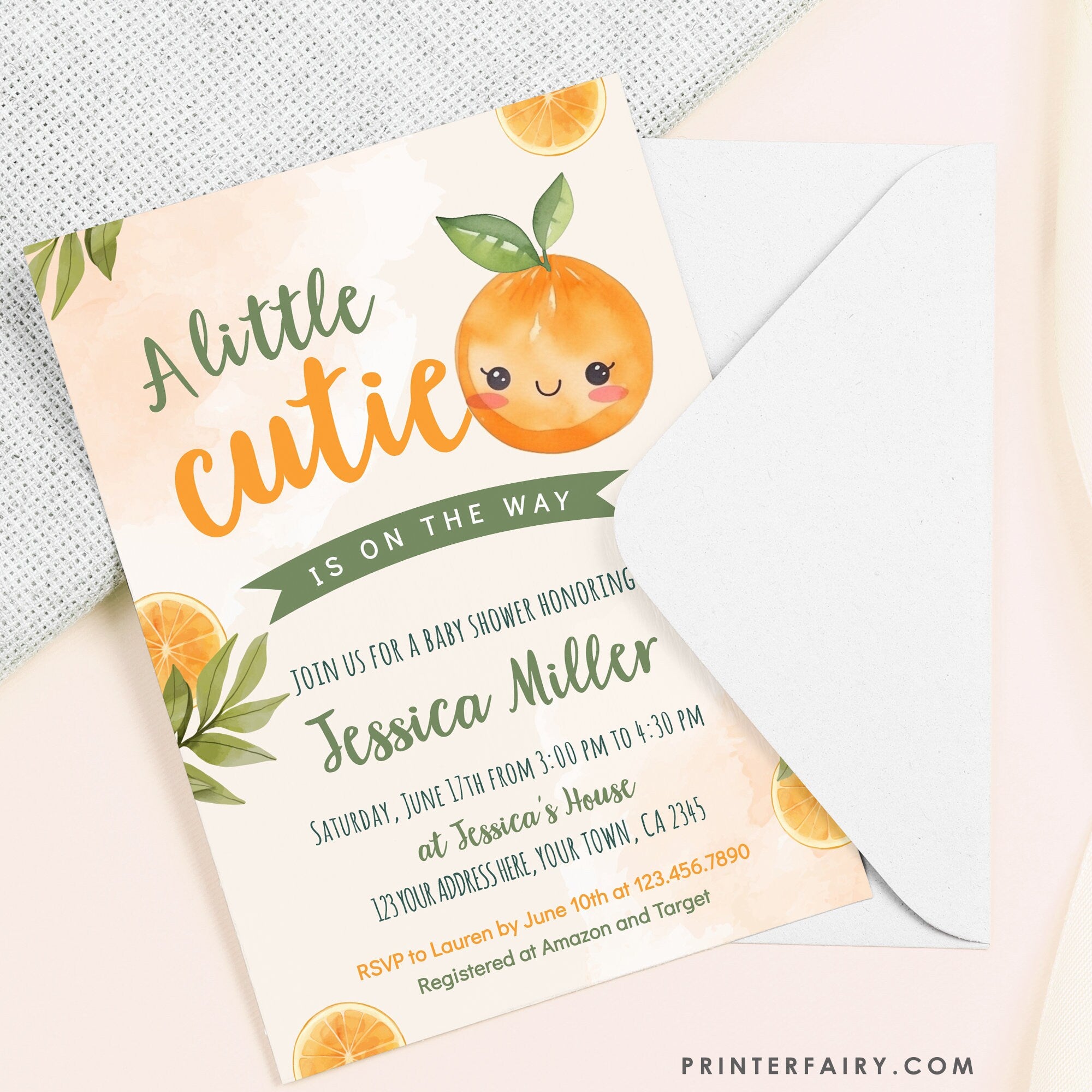 Orange Baby Shower Invitation, A Little Cutie Is On The Way (Digital Download)