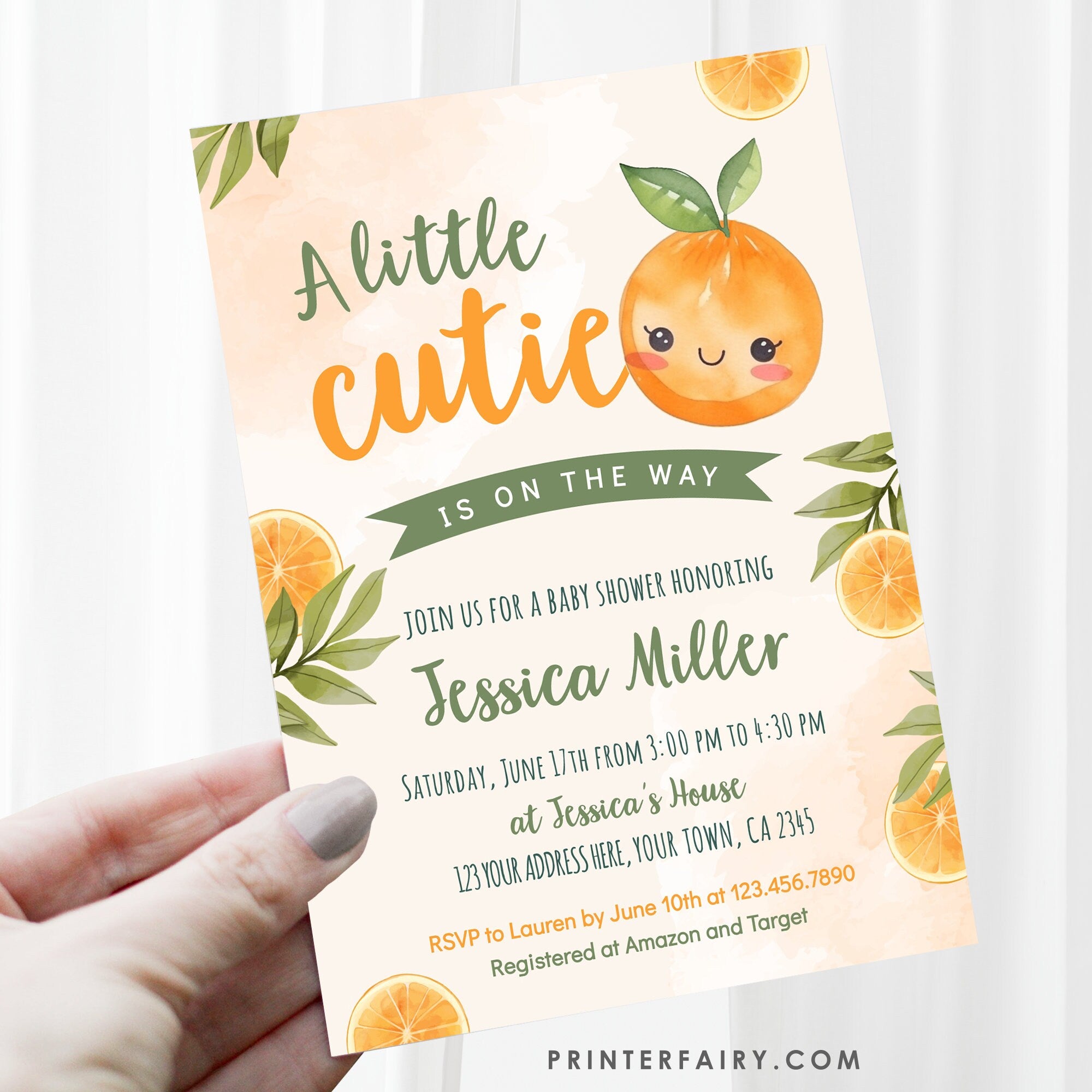 Orange Baby Shower Invitation, A Little Cutie Is On The Way (Digital Download)