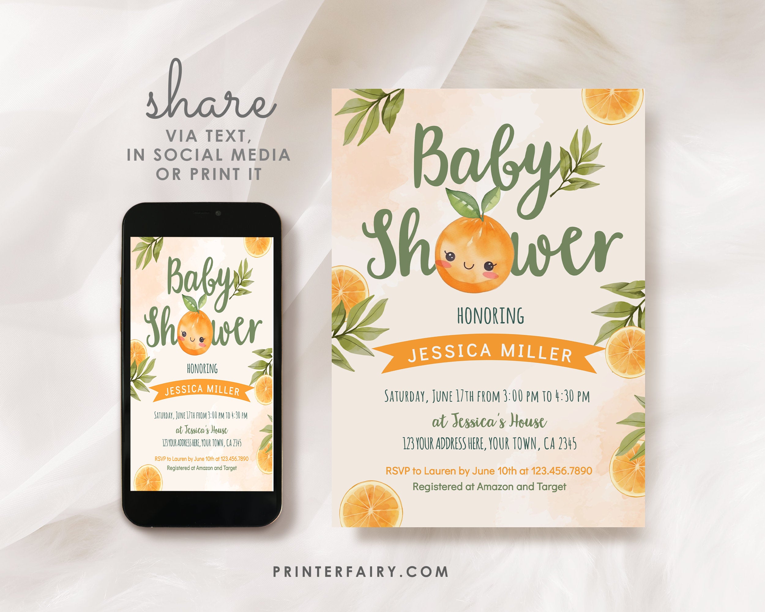 Orange Baby Shower Invitation Editable Template, A Little Cutie Theme, INSTANT DOWNLOAD