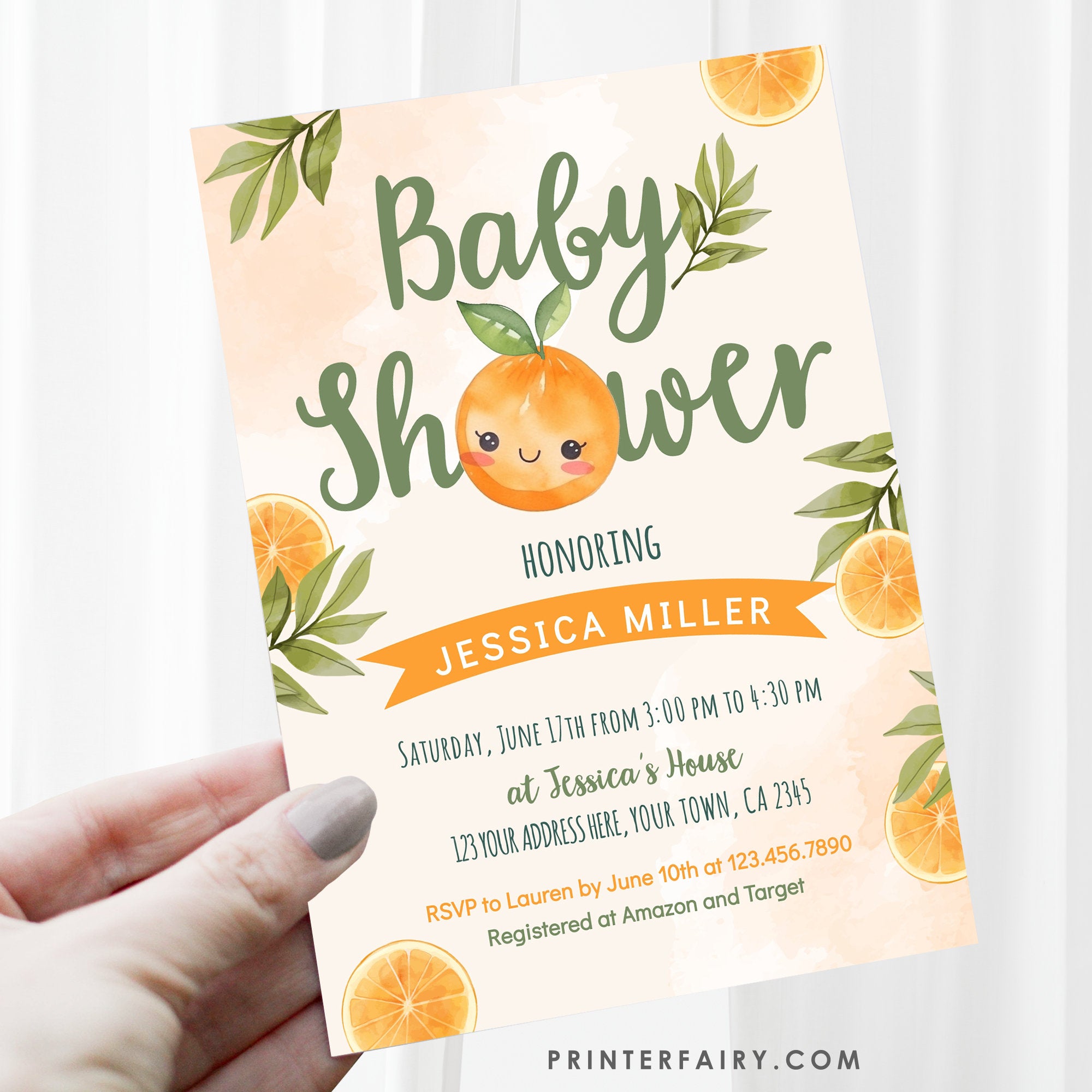 Orange Baby Shower Invitation Editable Template, A Little Cutie Theme, INSTANT DOWNLOAD