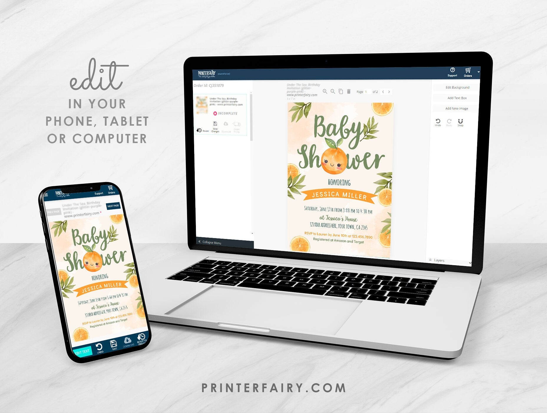 Orange Baby Shower Invitation Editable Template, A Little Cutie Theme, INSTANT DOWNLOAD