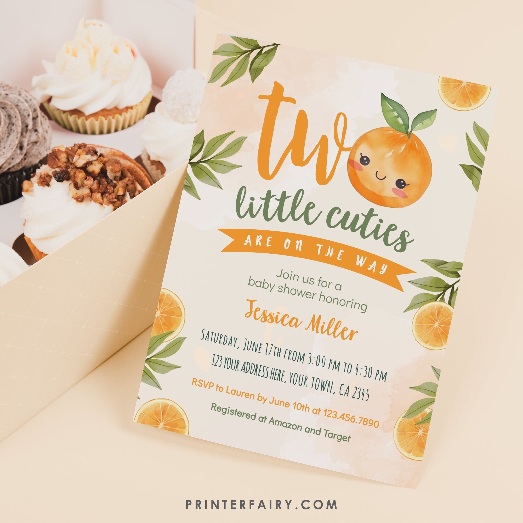 Orange Twins Baby Shower Invitation, Two Little Cuties (Digital Download)