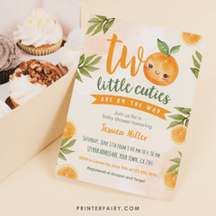 Orange Twins Baby Shower Invitation, Two Little Cuties (Digital Download)