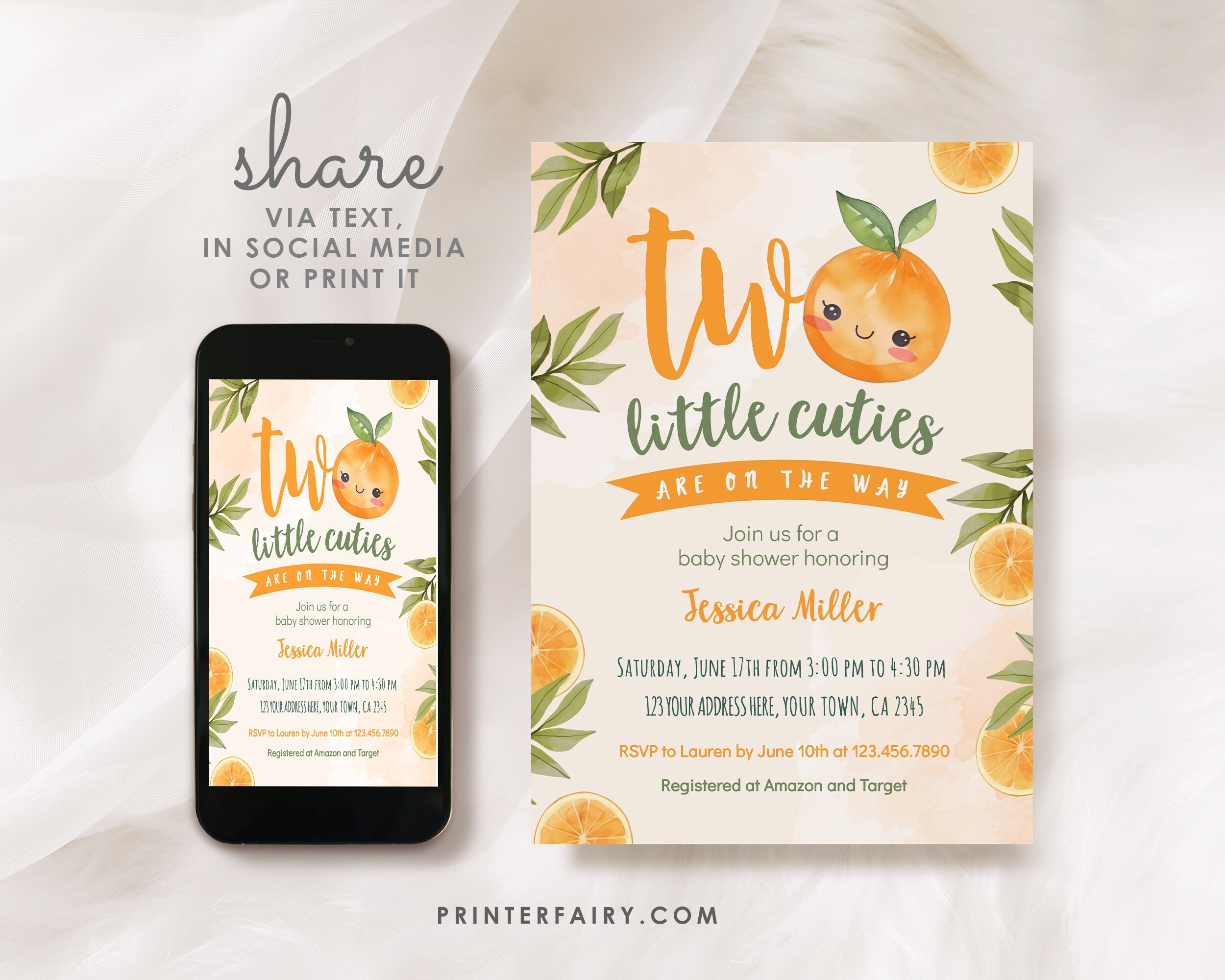 Orange Twins Baby Shower Invitation, Two Little Cuties (Digital Download)