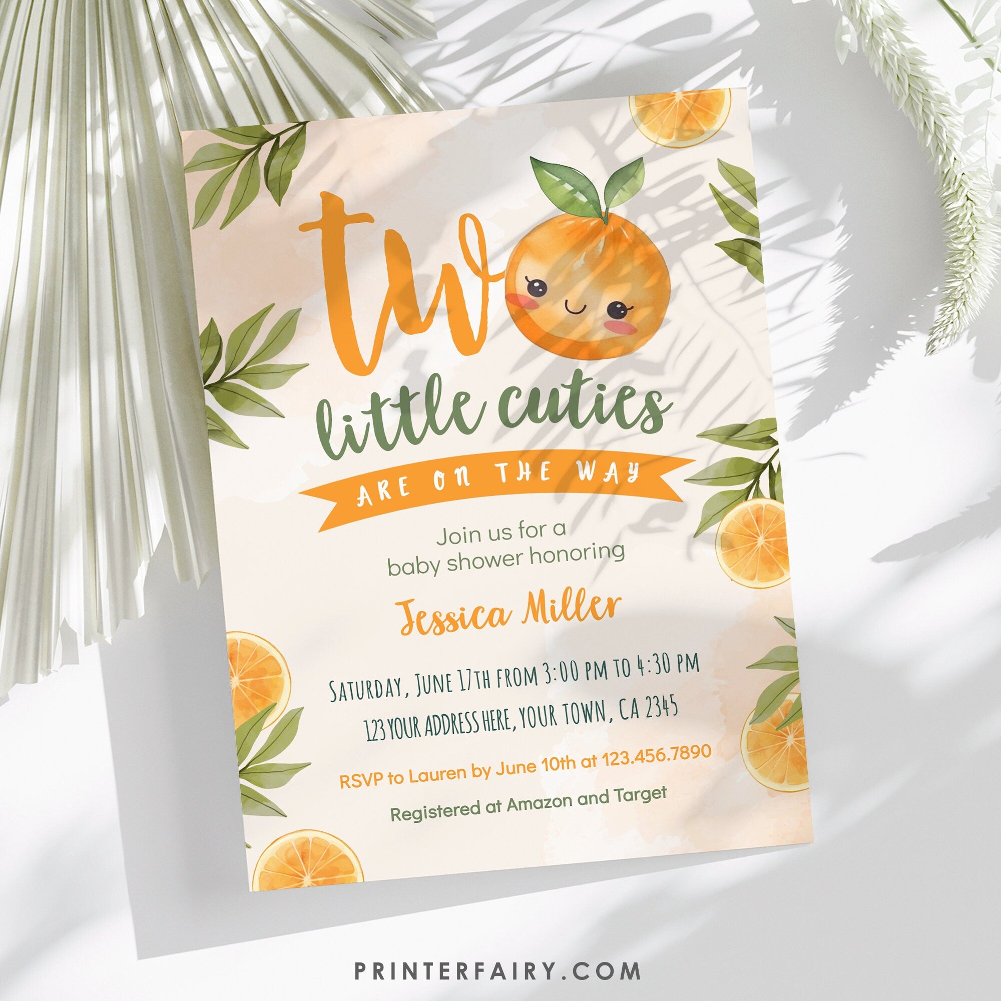 Orange Twins Baby Shower Invitation, Two Little Cuties (Digital Download)