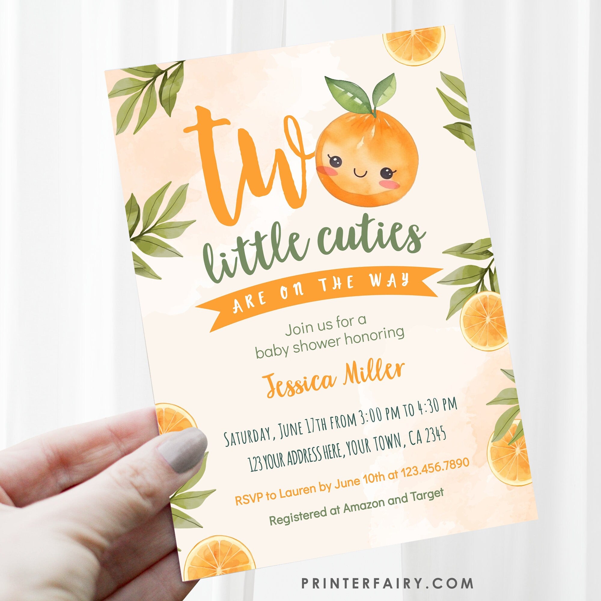 Orange Twins Baby Shower Invitation, Two Little Cuties (Digital Download)