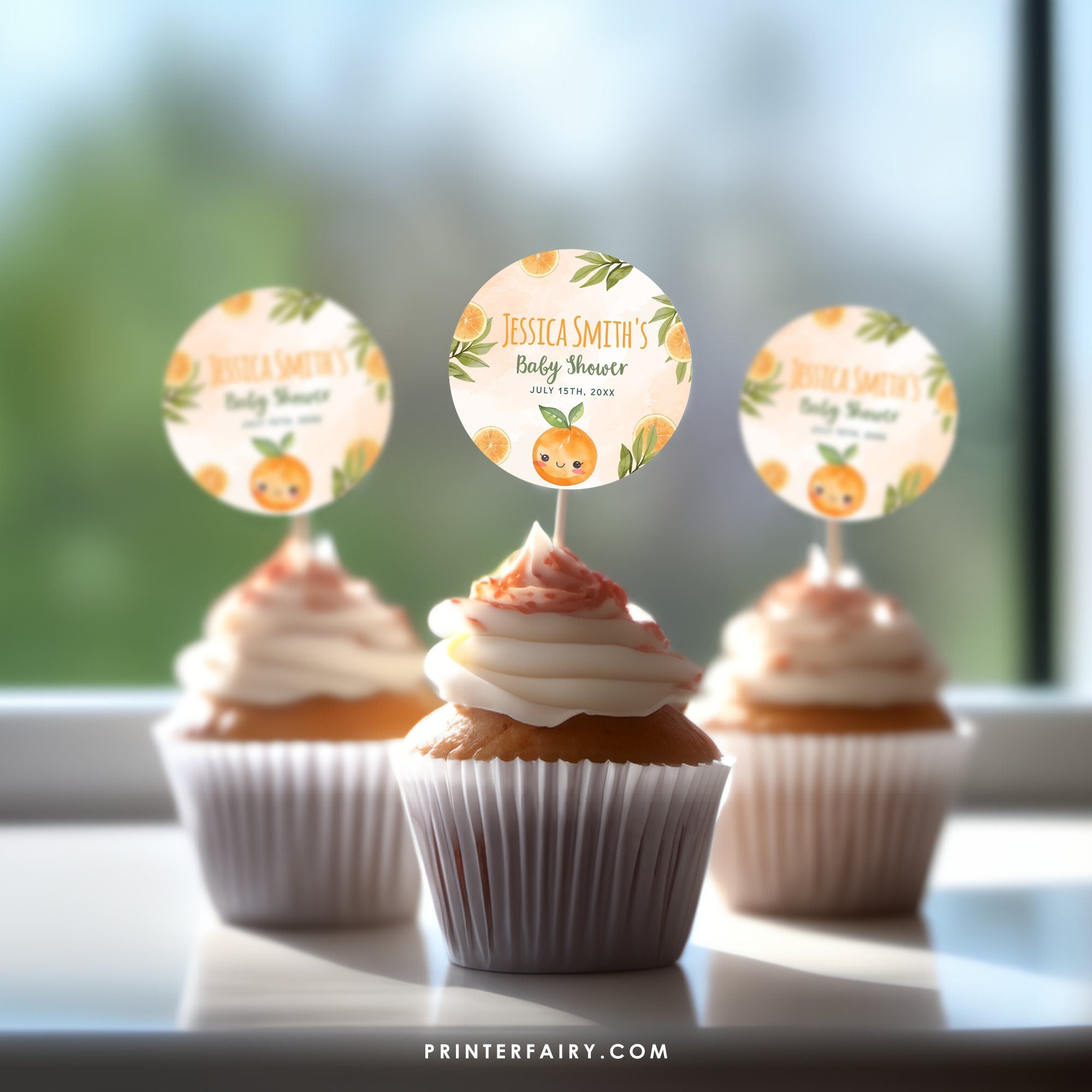 Orange Baby Shower Party Toppers, Editable Round Labels (Digital Download)