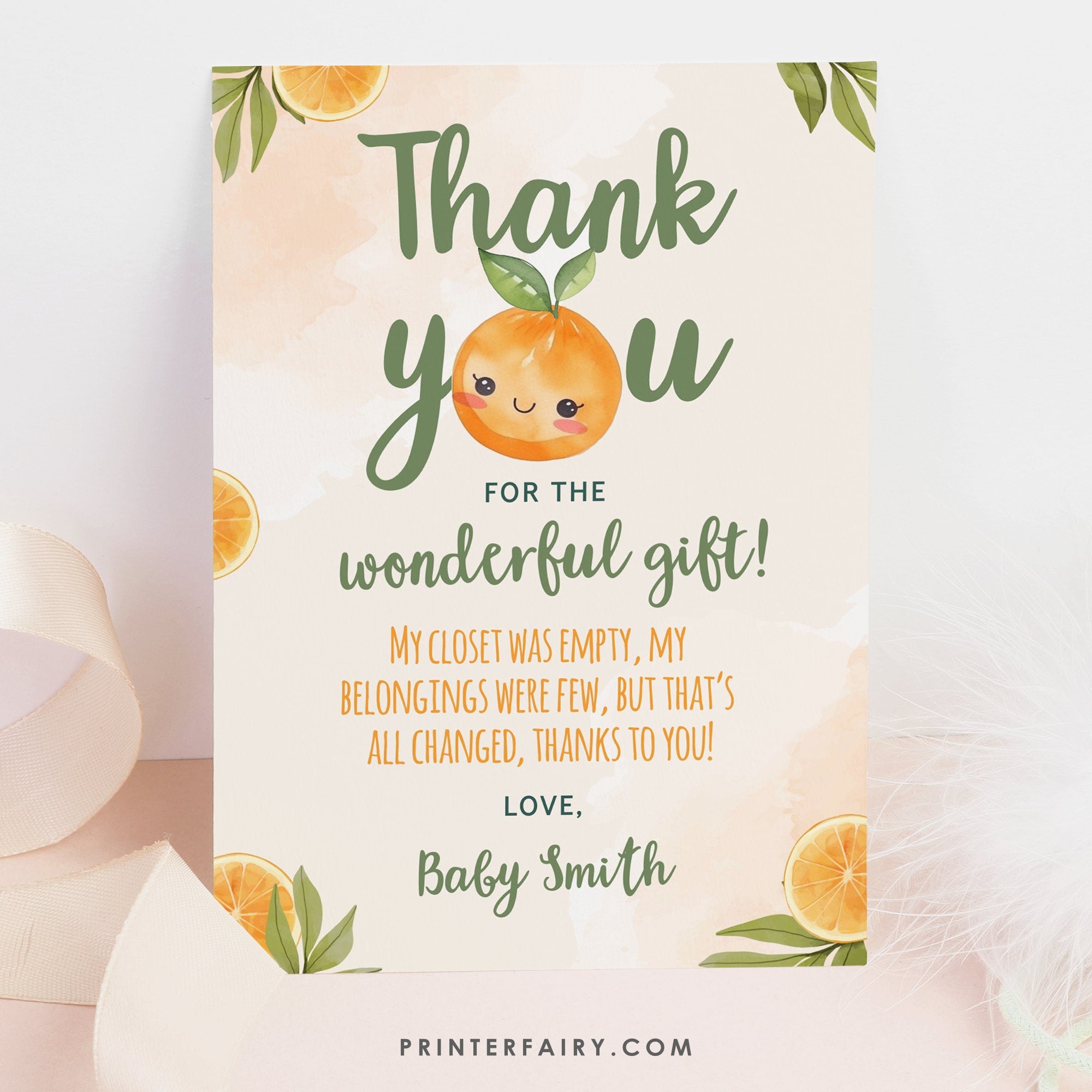 Orange Baby Shower Thank You Card Editable Template, Little Cutie Theme INSTANT DOWNLOAD