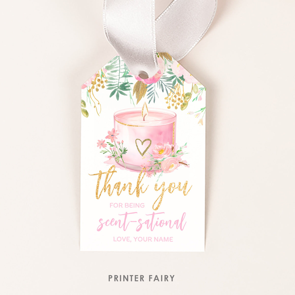 Candle Thank You Tag, Floral Pink and Gold Editable Label Template, Instant Download