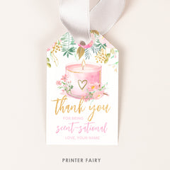 Candle Thank You Tag, Floral Pink and Gold Editable Label Template, Instant Download