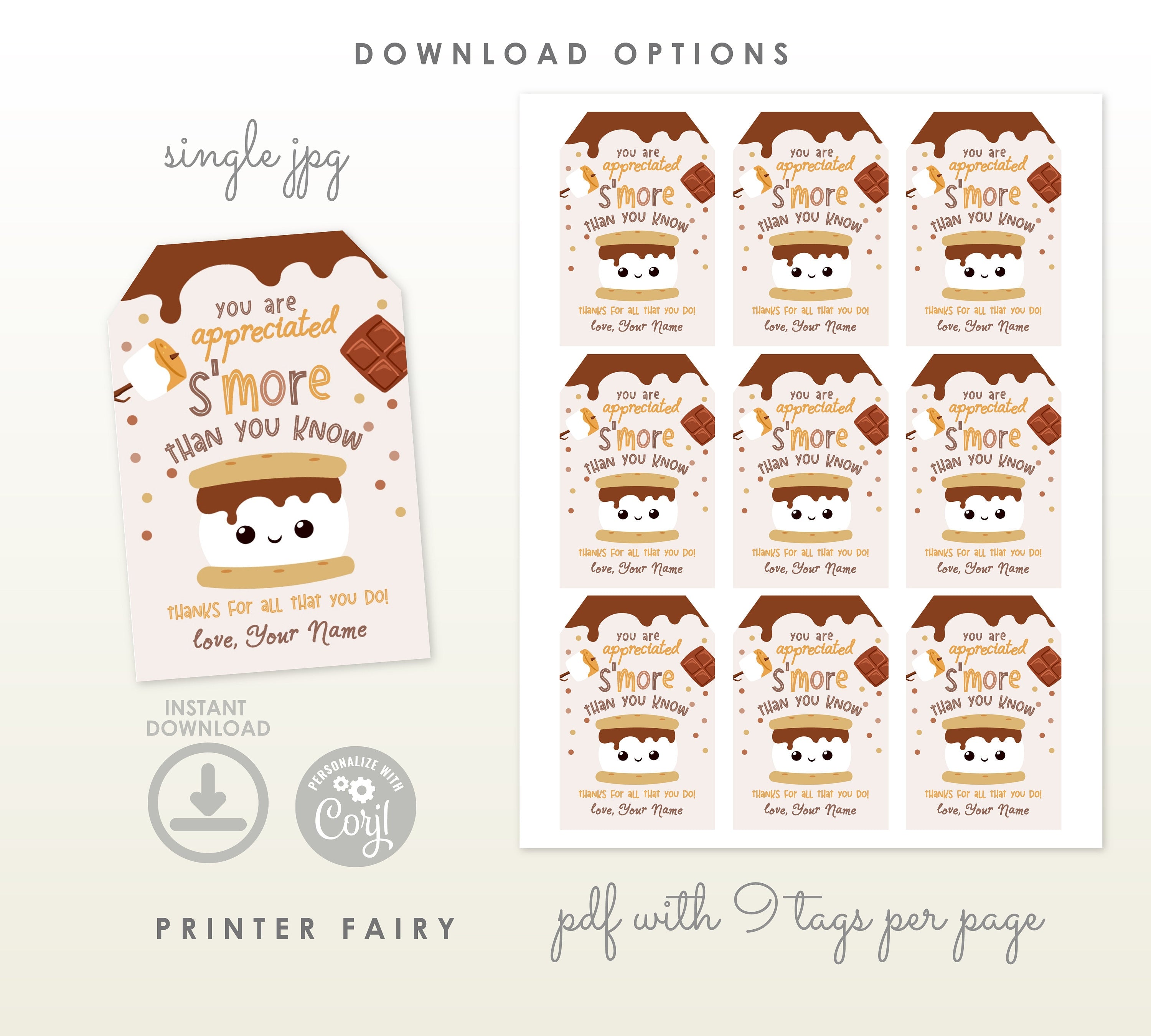 You Are Appreciated Smore Than You Know Editable Appreciation Gift Tag, Instant Download
