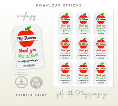 Apple Teacher Appreciation Tag Editable School Gift Tag, Instant Download